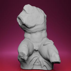 May include: A white, sculpted torso statue with a rough, textured surface. The statue depicts a classical male torso, with the arms and head missing. The sculpture is set against a gradient pink background.
