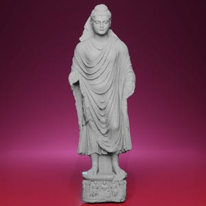 May include: A gray statue of a robed figure, possibly Buddha, standing on a detailed pedestal. The figure has a serene expression and draped clothing. The background is a gradient of pink and red.