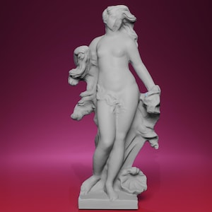 May include: A white sculpture of a nude female figure with flowing hair and draped fabric. The statue stands on a rectangular base, with a backdrop of a gradient pink and purple background. The figure's pose is graceful, with one arm extended.