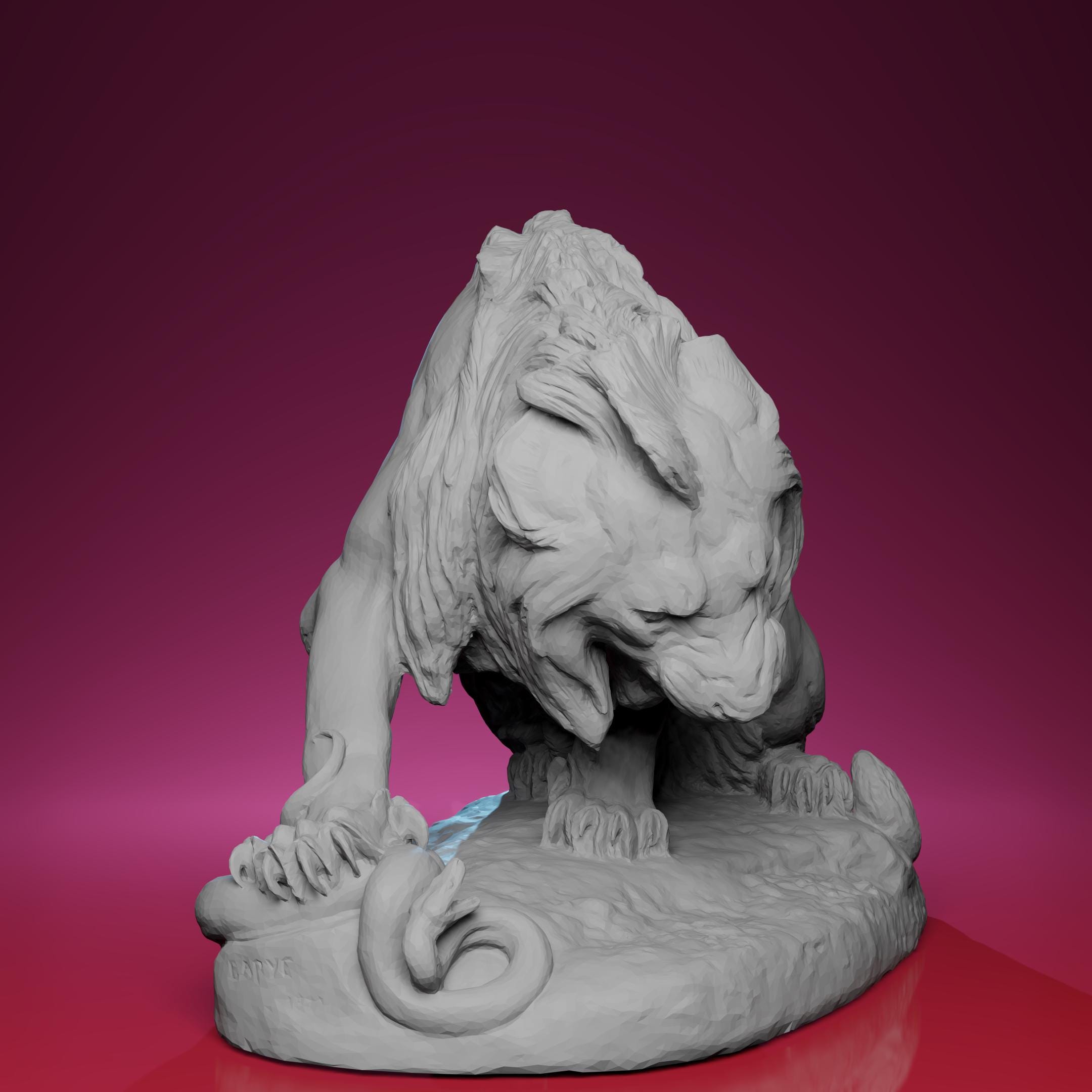 3Dプリントされたライオンと蛇の像 - パリのルーブル美術館に