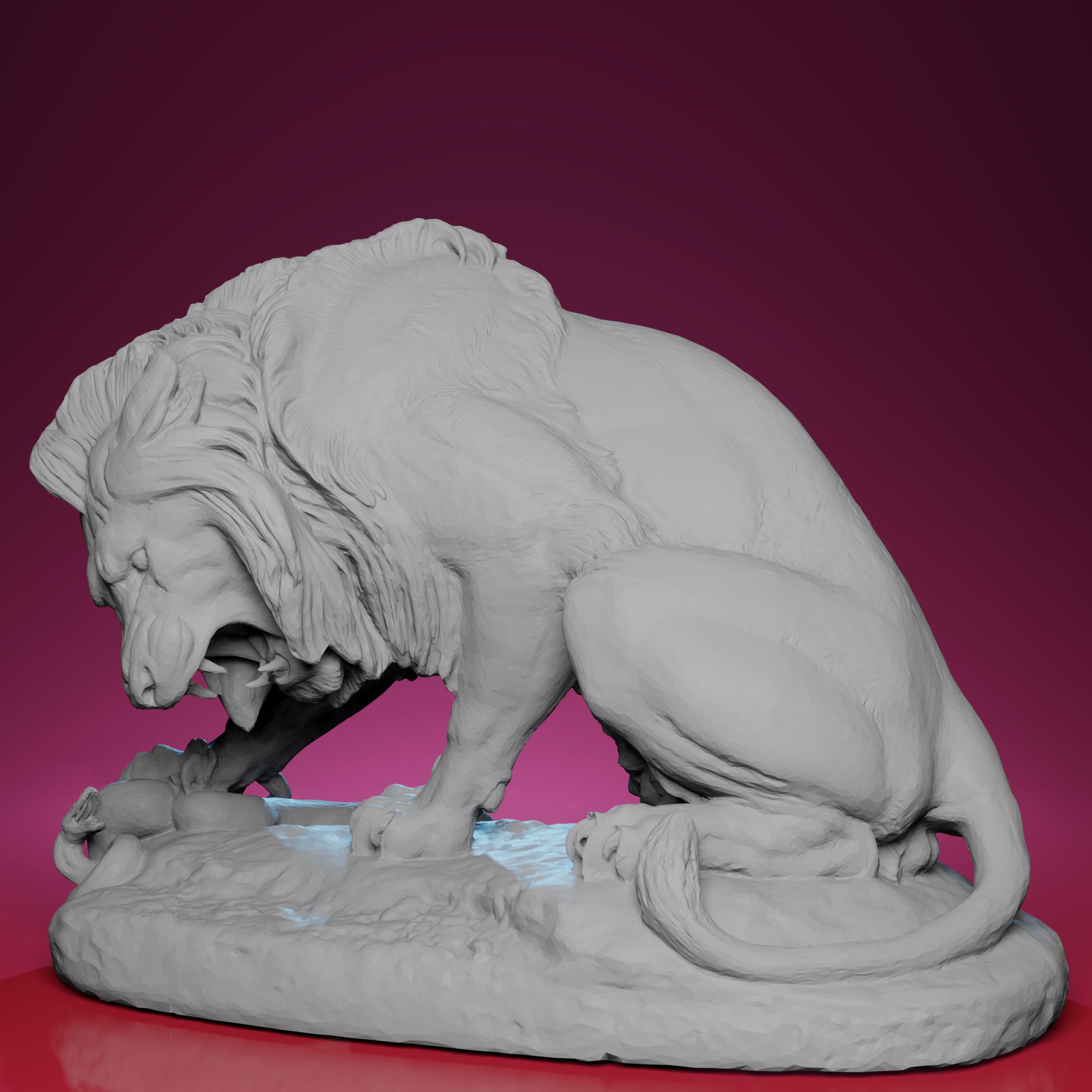 3Dプリントされたライオンと蛇の像 - パリのルーブル美術館に