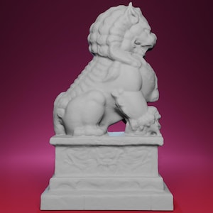 May include: A detailed, white stone sculpture of a Foo Dog, also known as a Chinese guardian lion. The sculpture is seated on a rectangular base with carved details. The Foo Dog has a lion-like appearance with a flowing mane and a fierce expression.