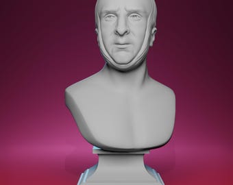 May include: A gray bust of a man with a neutral expression, featuring a band around the jawline. The sculpture is mounted on a pedestal, set against a gradient pink background. The bust is a classical art piece.