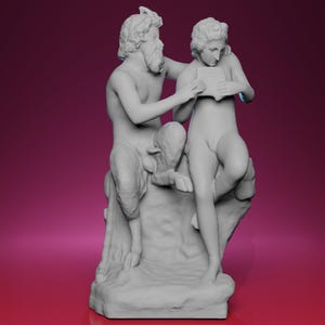 May include: A gray sculpture depicting two figures, one with a beard and goat-like legs, the other holding a tablet. The figures are posed on a rocky base, with a dark pink background.