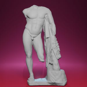 May include: A gray, headless statue of a male figure, draped with fabric over the shoulder. The statue is missing a leg below the knee and stands on a small base. The background is a gradient of pink and red.