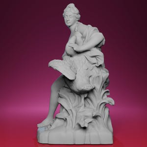 May include: A gray sculpture of a woman holding a large bird, possibly a swan or goose. The sculpture is detailed, with flowing drapery and intricate feather and leaf details. The figure is seated on a base with foliage.