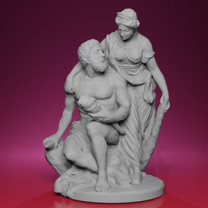 May include: A grey sculpture of a seated man embraced by a standing woman, both in classical attire. The man holds an object, and the figures have detailed features and flowing garments. The sculpture is mounted on a round base.