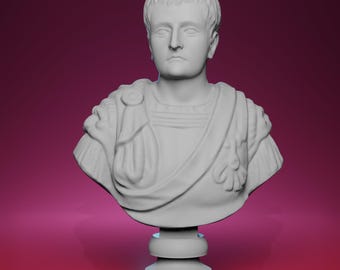 May include: A white bust of a man with short hair, wearing a toga-like garment. The sculpture is mounted on a pedestal, set against a gradient background of pink and dark red.