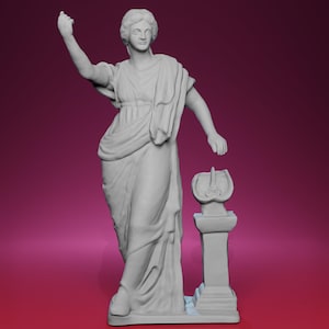 May include: A gray statue of a woman in classical attire, with one arm raised. The statue stands next to a pedestal with a decorative element on top. The background is a gradient of pink and red.