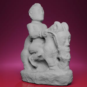 May include: A gray sculpture depicting a figure riding a horse-like creature. The rider is seated and holding the creature's mane. The creature has a human-like face on its head. The sculpture is on a stone base.