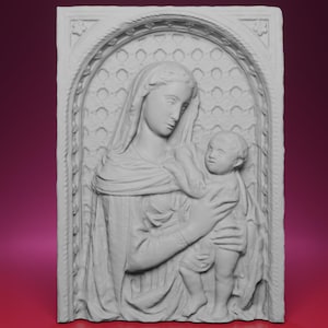 May include: A white relief sculpture depicting a woman holding a child. The figures are set within an arched frame with ornate detailing. The background features a repeating pattern, and the overall style suggests a classical or religious theme.