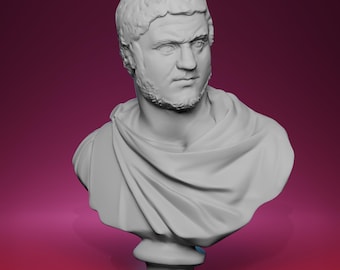 May include: A gray bust of a man with short, curly hair and a beard. The sculpture depicts a Roman-style figure with a draped garment over the shoulders. The bust is mounted on a pedestal, and the background is a gradient of pink and purple.