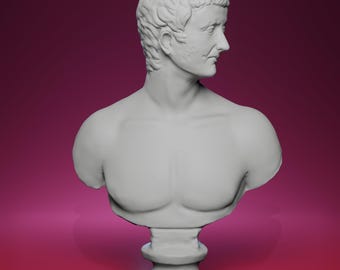 May include: A gray bust of a man with short, curly hair and a stern expression. The sculpture is mounted on a pedestal and set against a gradient background of pink and purple.