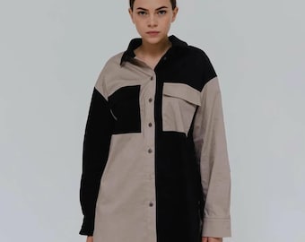 Beiges und schwarzes Color Block Shirt, locker sitzendes Button-Down-Damenhemd mit zwei Fronttaschen und langen Ärmeln, Maßanfertigung