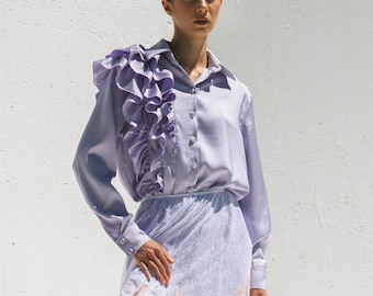 Satin Rüschen Bluse in Hell Lila, Lila Faux Seide Rüschen Shirt, Custom Fit