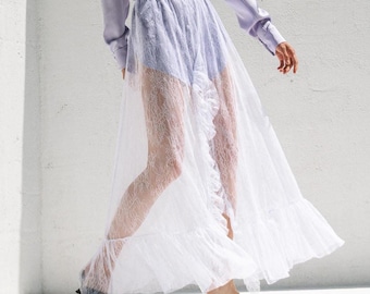 Falda larga de encaje blanco transparente, romántica y transparente, ideal para vacaciones.