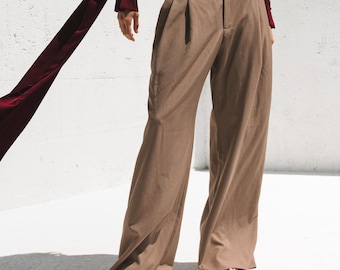 Beige Hose mit weitem Bein für Frauen, maßgeschneiderte Damen Palazzohose, mittlerer Bund, Seitentaschen, lockere Geschäftskleidung, maßgefertigte Passform