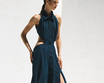 Jeanskleid mit offenem Rücken, langes Kleid mit Knöpfen und Kragen, elegante Damenbekleidung, individuelle Passform, Maßanfertigung