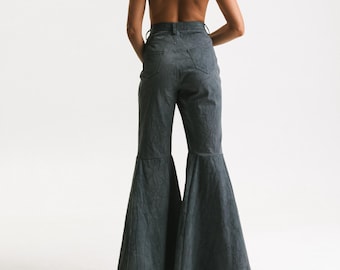 Hohe Taille Ausgestelltes Jeans, Klassische Baumwoll-Denim Hose, Retro Schlaghosen, 70er Jahre Stil Hose mit weitem Bein