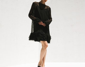 Zweiteiliges Kleid aus Chiffon und Seide, Elegantes Lagenkleid, Schiere Chiffon Langarm-Overlay mit Faux Silk Slip Dress
