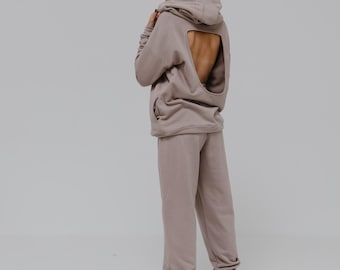 Open Back Trainingsanzug, Fleece Co-Ord Set - Hoodie und Joggerhose, Damen Activewear in neutralen Tönen