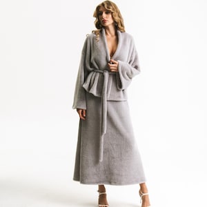 Grey Angora Knit Set, Loungewear Co-Ord With Belted Cardigan And Maxi Skirt