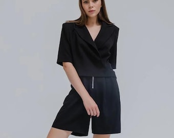 Sommer Damenanzug, Kurzer Blazer und Shorts mit lockerer Passform, Schwarzes Co-ord Set, DamenBürokleidung