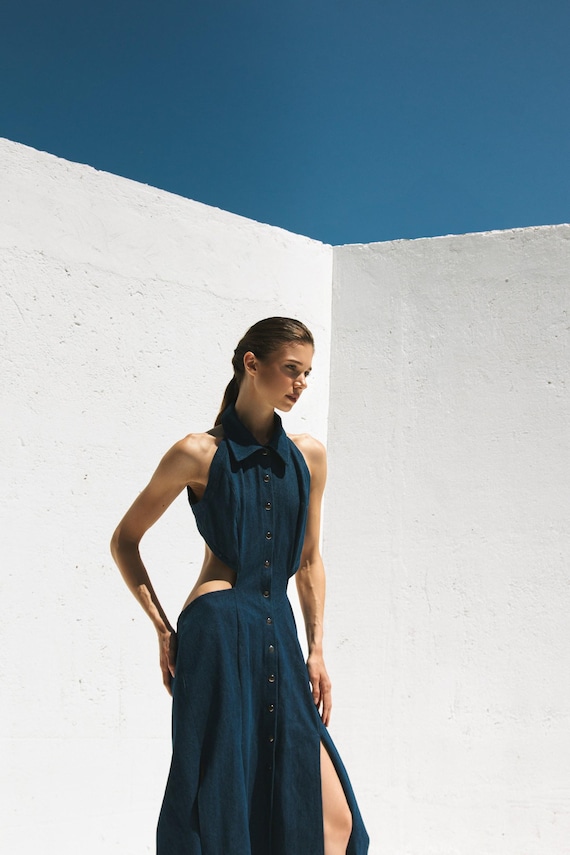 strapless open back dress Sadie Light Wash Denim Rhinestone Ruffle Open Back Skater Mini Dress S / Light Wash