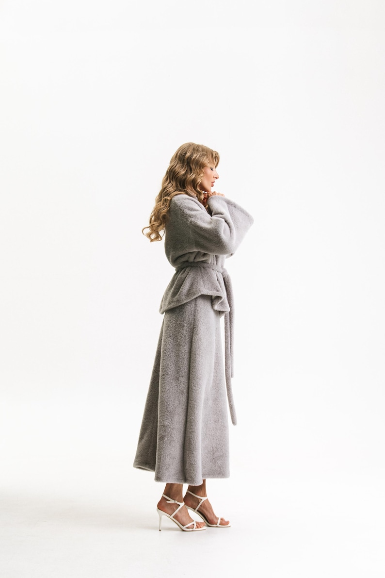 Grey Angora Knit Set, Loungewear Co-Ord With Belted Cardigan And Maxi Skirt