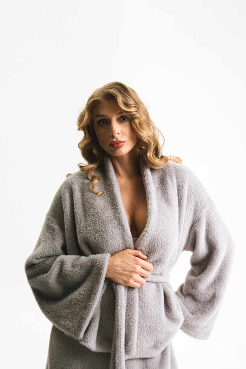 Grey Angora Knit Set, Loungewear Co-Ord With Belted Cardigan And Maxi Skirt
