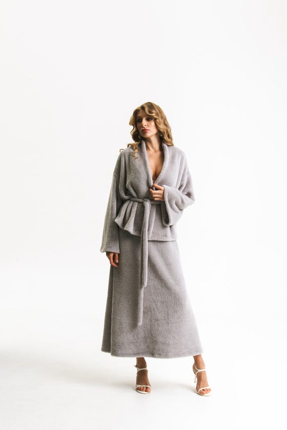 Grey Angora Knit Set, Loungewear Co-Ord With Belted Cardigan And Maxi Skirt