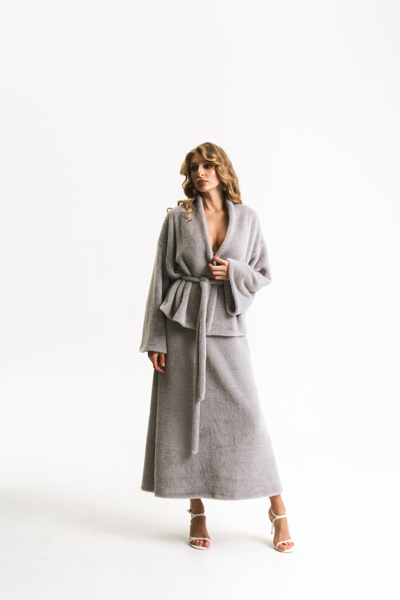 Grey Angora Knit Set, Loungewear Co-Ord With Belted Cardigan And Maxi Skirt
