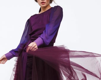Samt Twilight Seide Chiffon Kleid, Aubergine Lila Abendkleid mit transparenten Ärmeln, Lila Langarm Kleid mit tiefem Schlitz