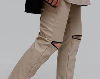 Kunstleder Mid-Rise Leggings mit offenen Knien, seitlichem Reißverschluss, Custom Fit