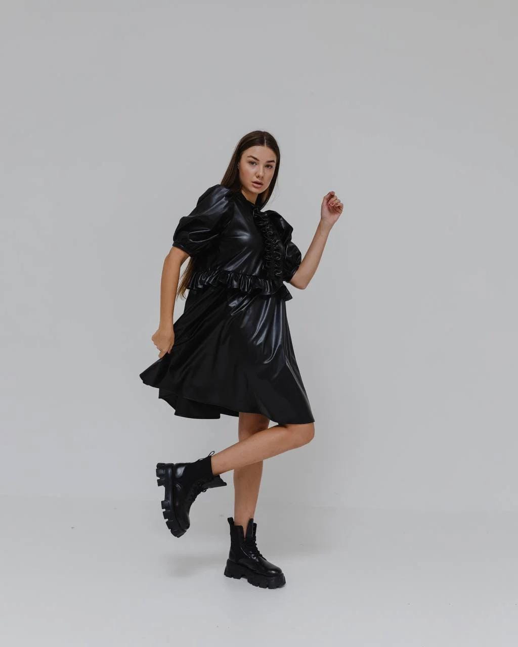 black peplum leather dress Eco Leather Midi Dress With Peplum And Half Sleeves, Black Faux Leather Dress With Ruffled Button Placket, Custom Fit, Made to Measure