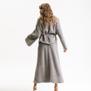 Grey Angora Knit Set, Loungewear Co-Ord With Belted Cardigan And Maxi Skirt