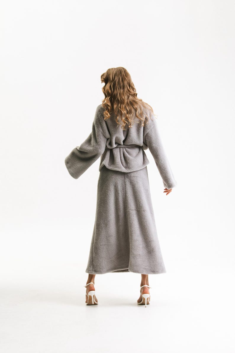 Grey Angora Knit Set, Loungewear Co-Ord With Belted Cardigan And Maxi Skirt