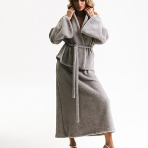 Grey Angora Knit Set, Loungewear Co-Ord With Belted Cardigan And Maxi Skirt
