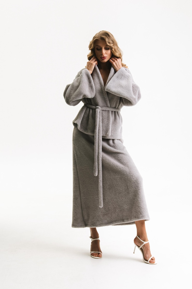 Grey Angora Knit Set, Loungewear Co-Ord With Belted Cardigan And Maxi Skirt