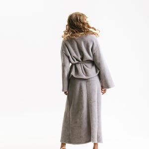 Grey Angora Knit Set, Loungewear Co-Ord With Belted Cardigan And Maxi Skirt