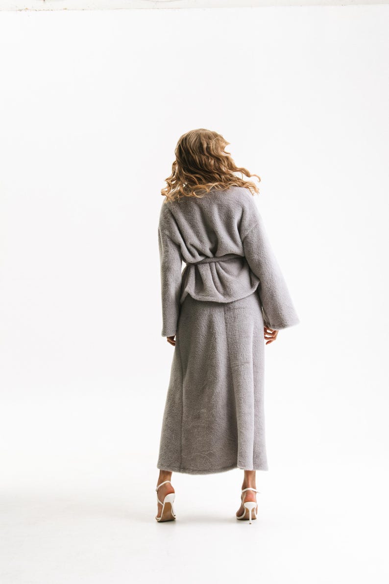 Grey Angora Knit Set, Loungewear Co-Ord With Belted Cardigan And Maxi Skirt