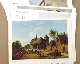 Pages de calendrier de carte postale de 1960, thème de puits d'eau, art des années 1600-1700, eau minérale naturelle allemande Naturbrunnen, publicité