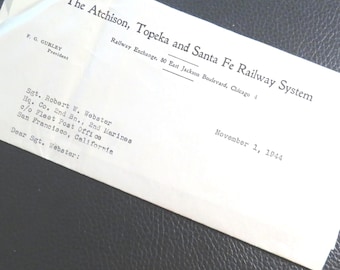 1944 Letter to Santa Fe Railway Employee about Christmas Bonus, Atchison Topeka Santa Fe Railway System letterhead.