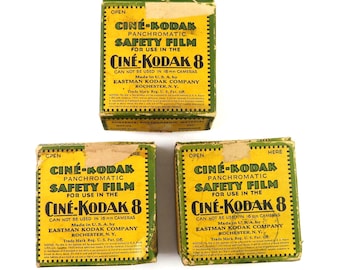 Vintage Cine-Kodak 8 Film Boxes, Variety Lot of 3: Exposed Film,  Unexposed on Spool in Tin, and Empty,  Vintage 1930s EKC