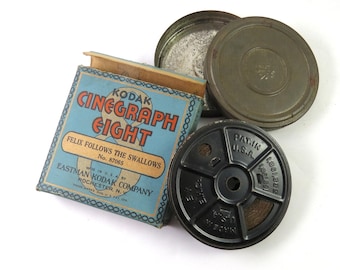 Vintage Kodak Cinegraph Eight Movie, Felix Follows the Swallows Distressed Film, Original Box, Reel Tin,  1930s 8 mm