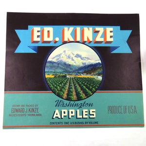 Vintage Washington Apple Crate Label, Naches Heights Yakima, ED Kinze Produce Box Label, 10&quot;x8.5&quot; Collectible Advertisement, Mt. Rainier