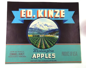 Vintage Washington Apple Crate Label, Naches Heights Yakima Wash, Ed Kinze Produce Box Label, One Bushel, Collectible Advertisement