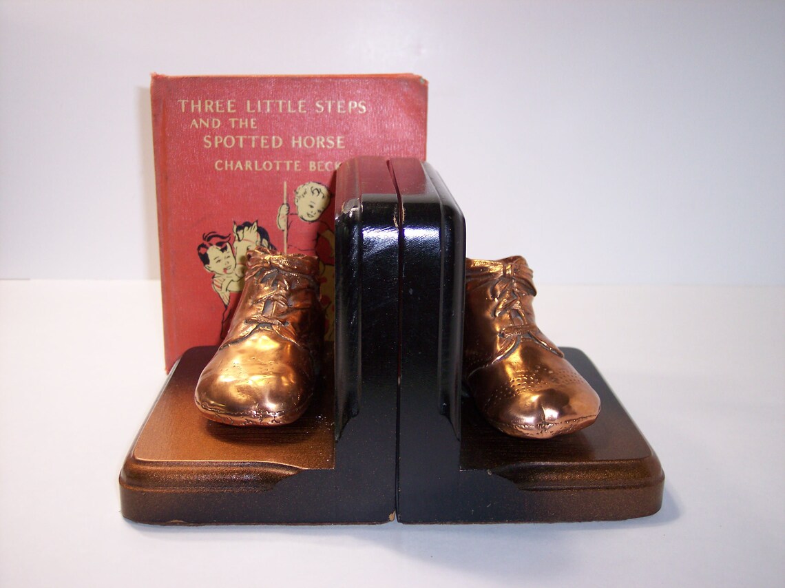 Bronzed Baby Shoe Bookends Vintage Real Shoes on Wood Base Etsy