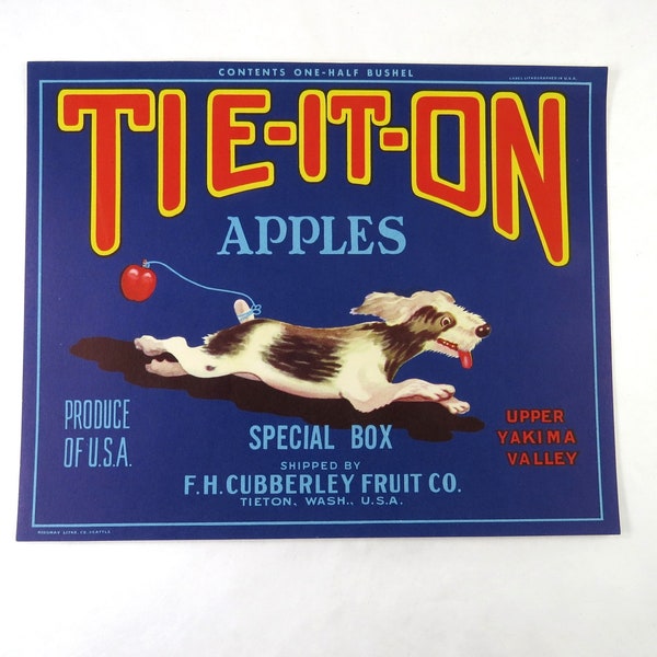 Tie It On Vintage Apple Crate Label, Upper Yakima Valley Tieton Wash, FH Cubberley Fruit Co Apple Crate Advertising Label