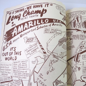 Long Champs Placemat 1948 Restaurant, Amarillo Texas, Route 66, Places, Quips, Comic, Mail to Friends for 3 cents, Humorous Paper Mat Ad